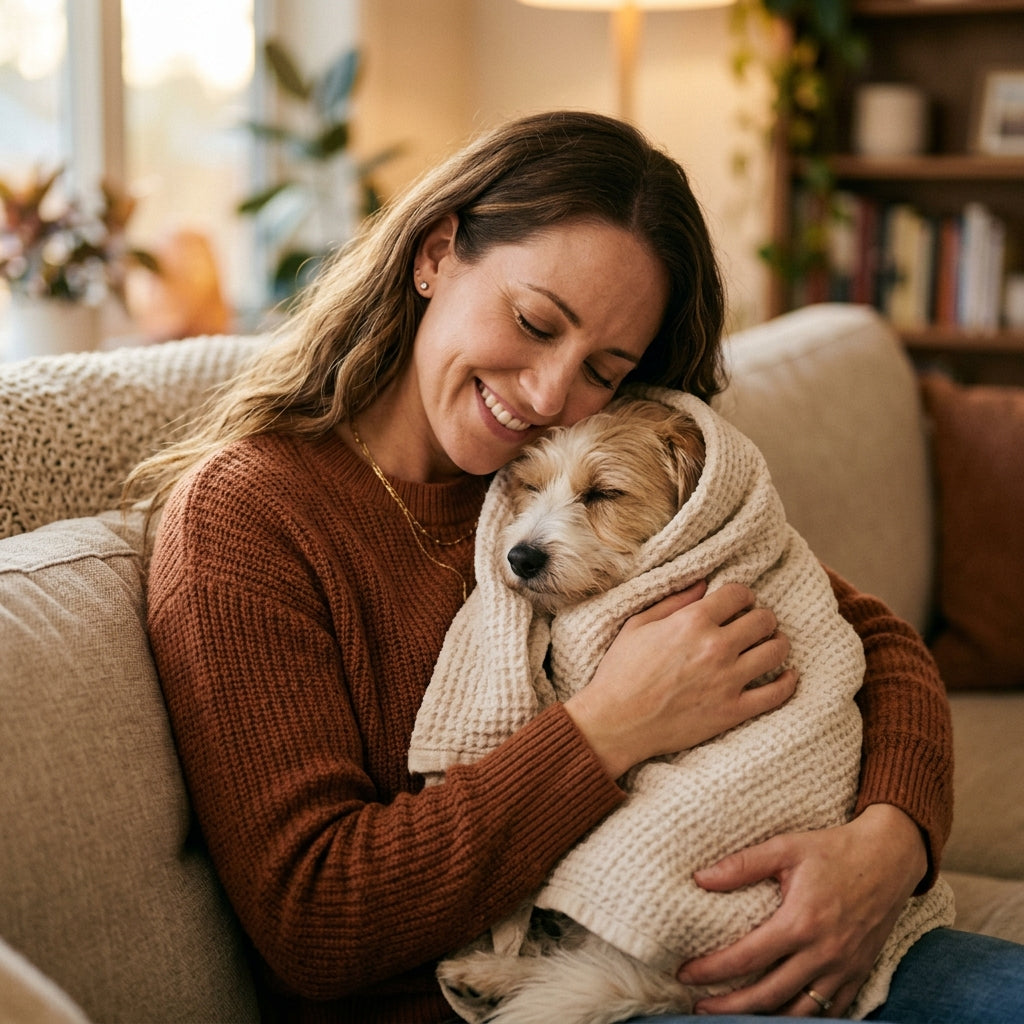 Pet parent comforting dog